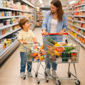 Vue de profil du chariot de supermarché pour enfants 20 litres montrant sa structure compacte et adaptée aux petites mains.