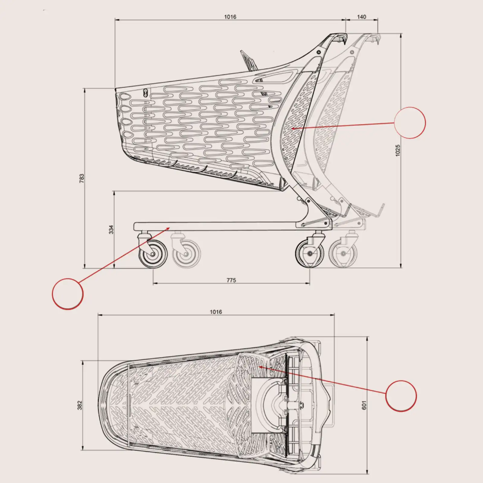 Dimensions of the 130-liter hybrid supermarket trolley with baby seat
