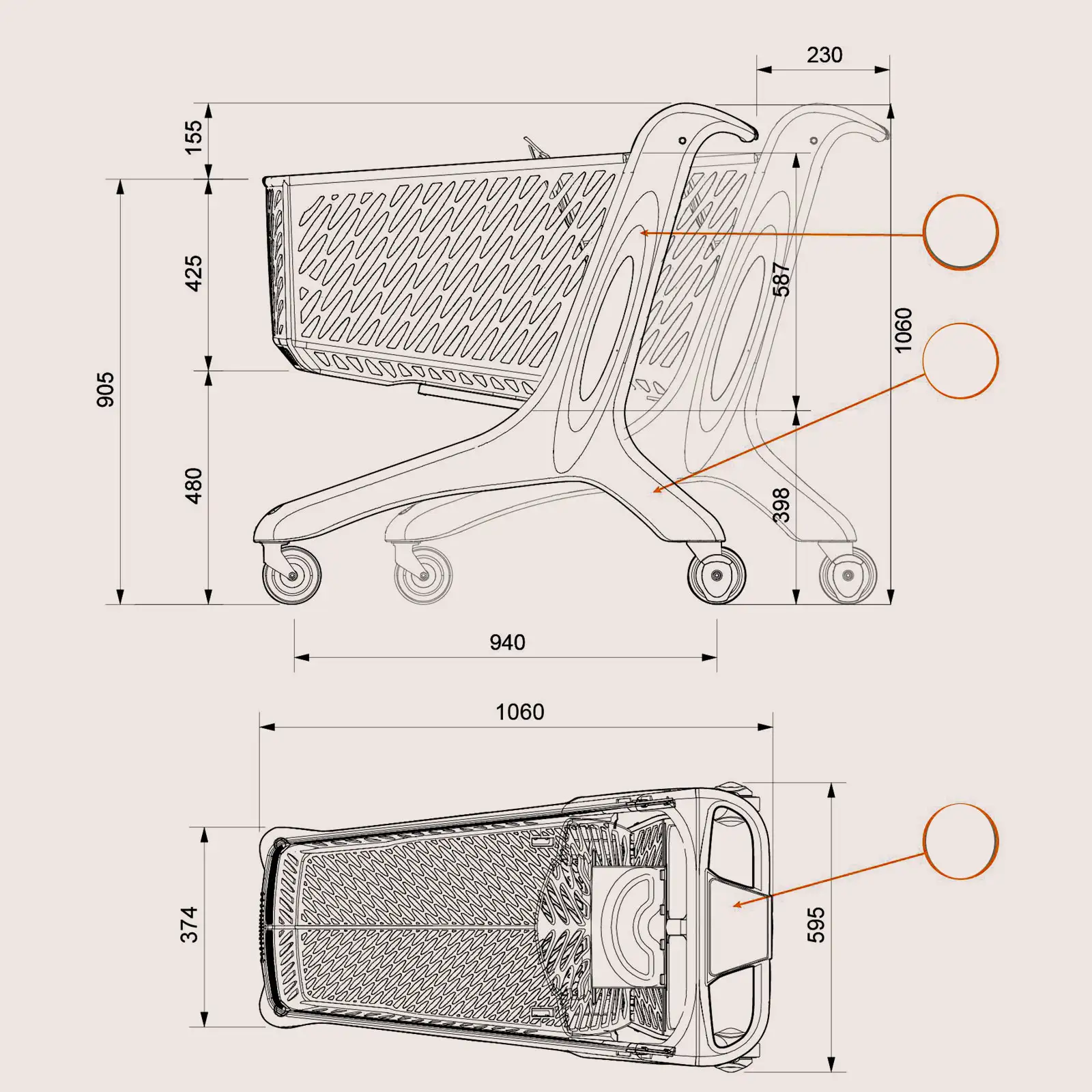 Dimensions du chariot de supermarché plastique 160 litres avec siège bébé