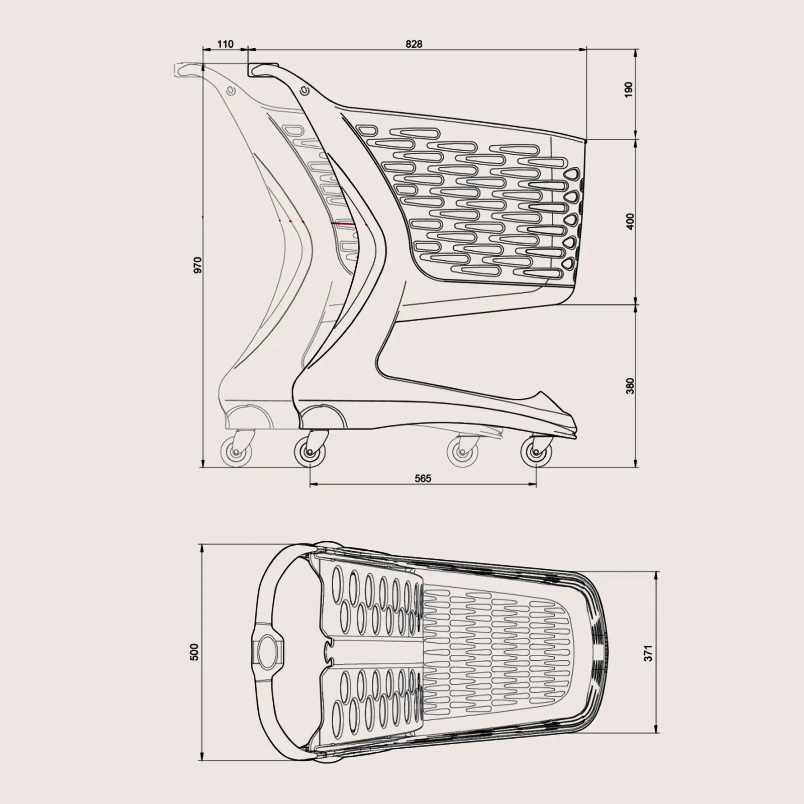 Dimensions of the 80 L plastic shopping trolley