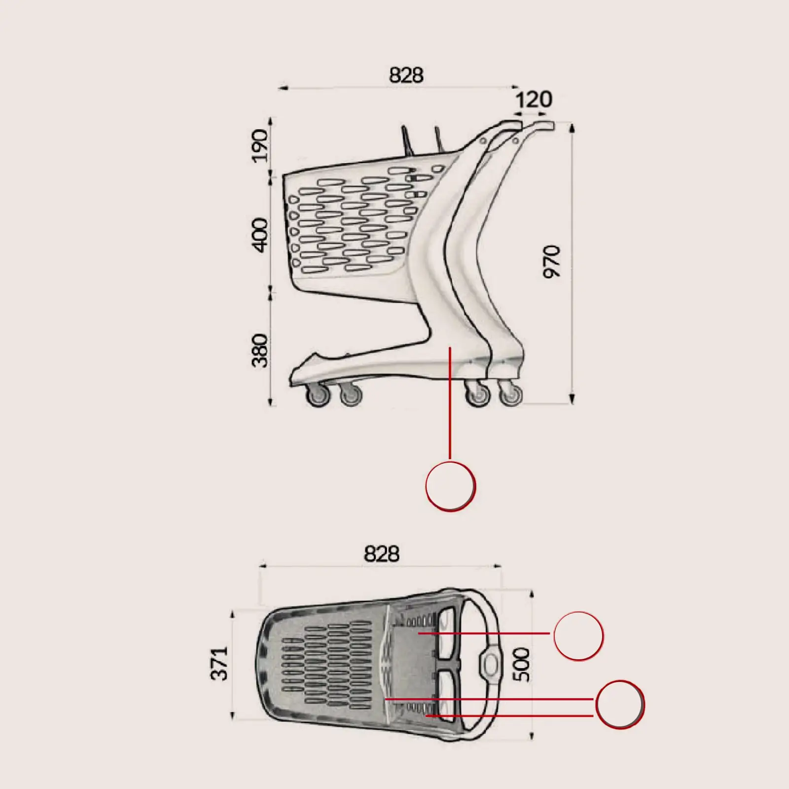 Dimensions du chariot de supermarché plastique 90 litres avec siège bébé