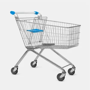 Chariot de supermarché métal 130 litres bleu avec siège bébé