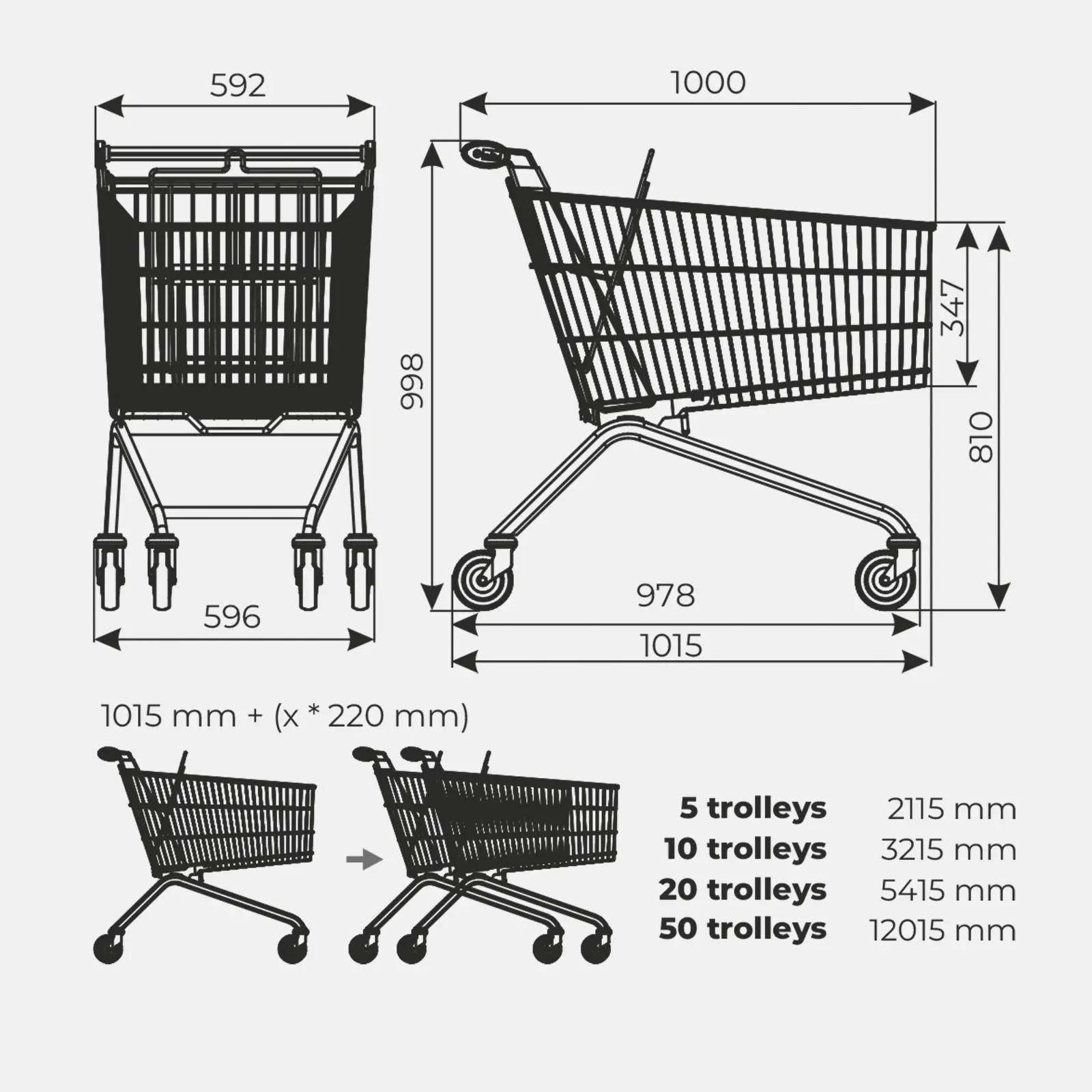 Dimensions du chariot de supermarché métal 150 litres
