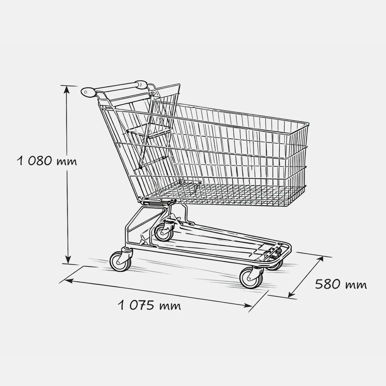 Dimensions du chariot de supermarché métal 180 litres avec siège bébé