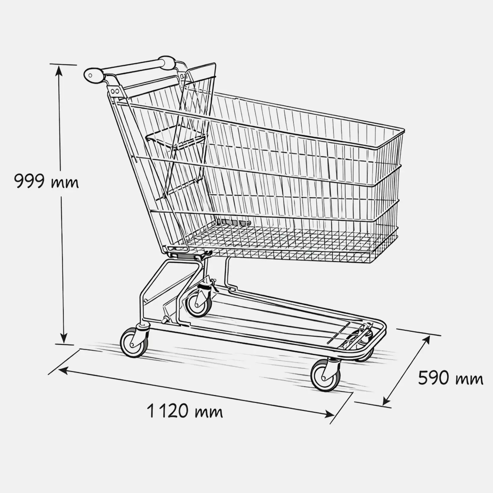 Dimensions of the 240 L metal supermarket trolley