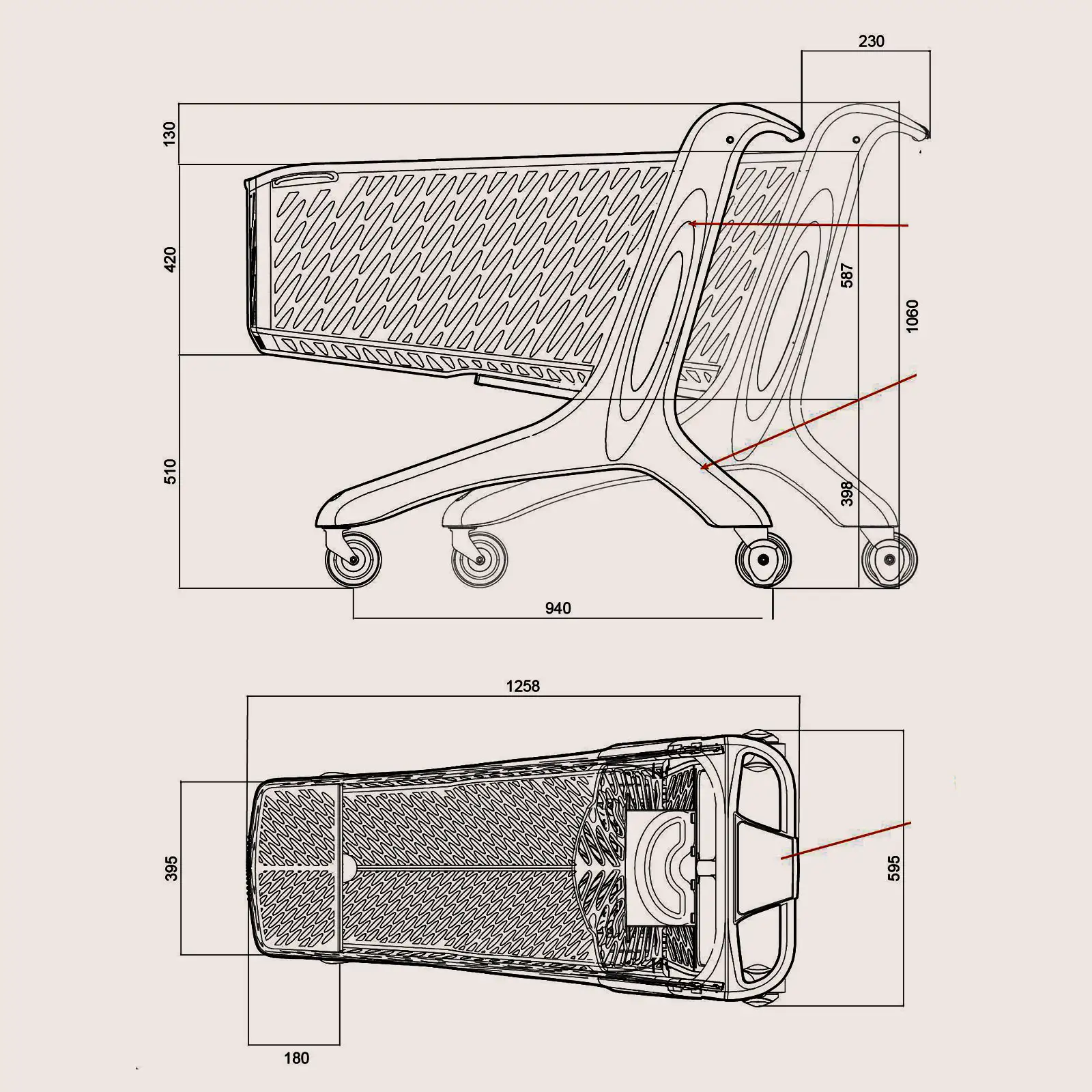 Dimensions du chariot de supermarché plastique 210 litres