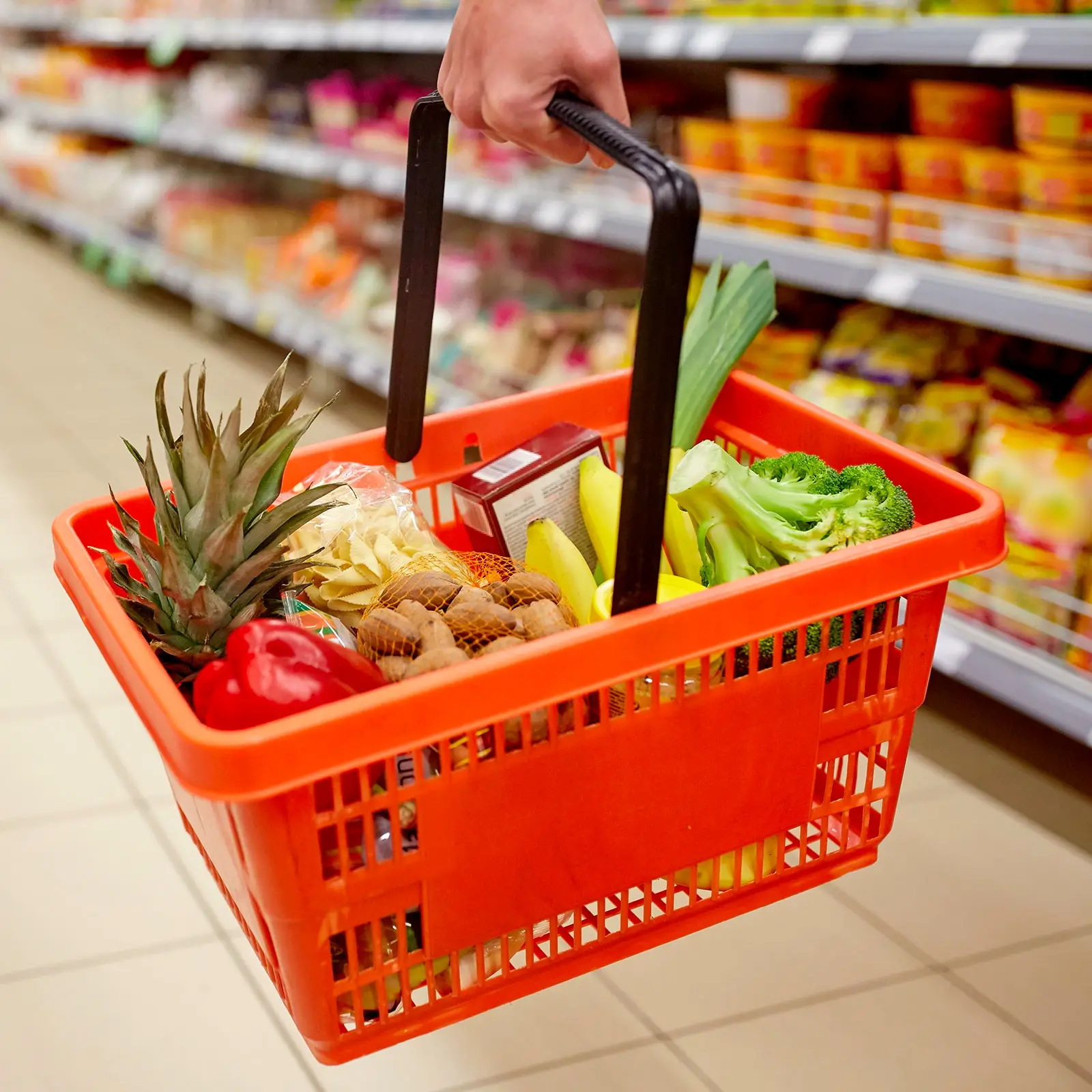 Client utilisant un panier à main 22 litres une anse en magasin