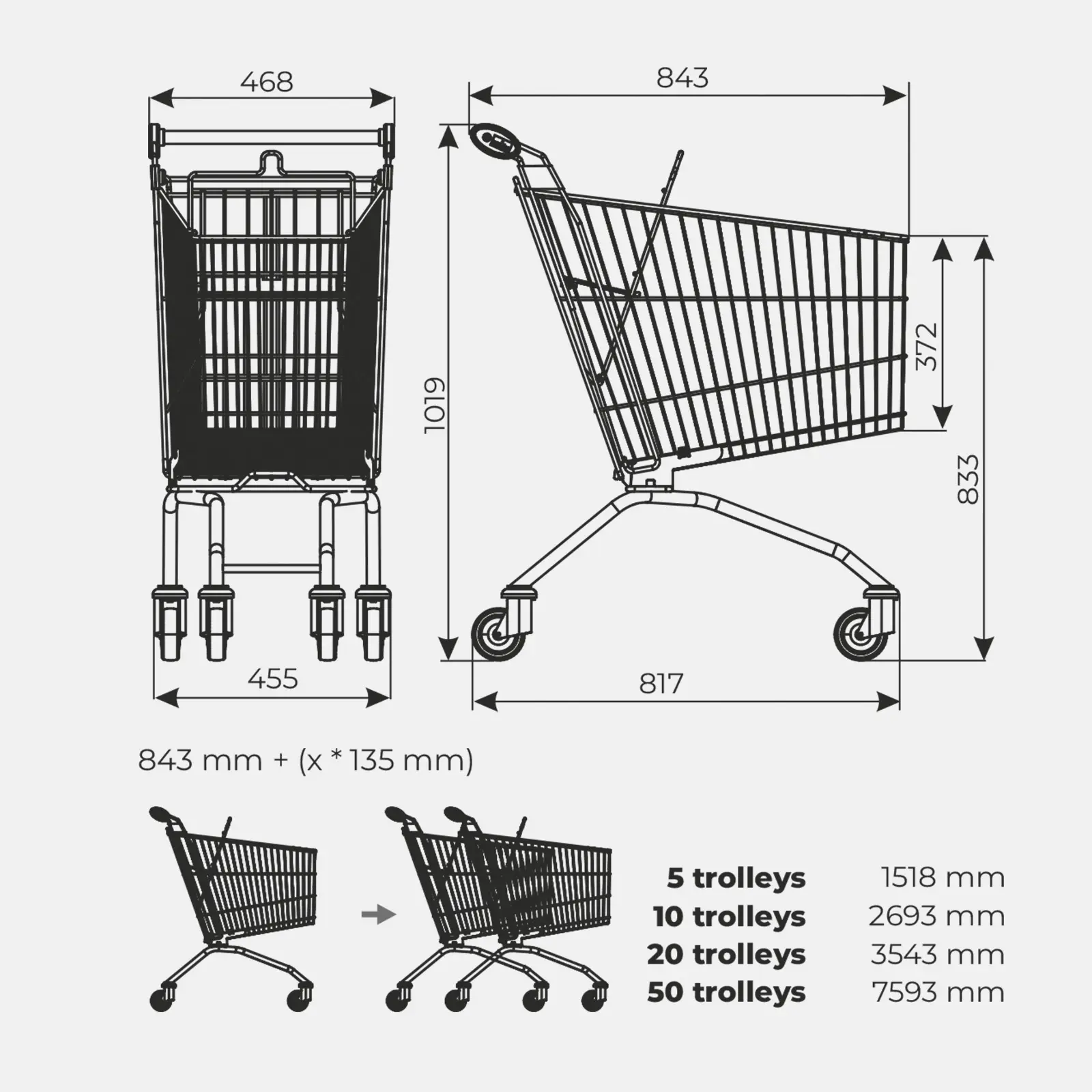 Dimensions du chariot de supermarché métal 100 litres