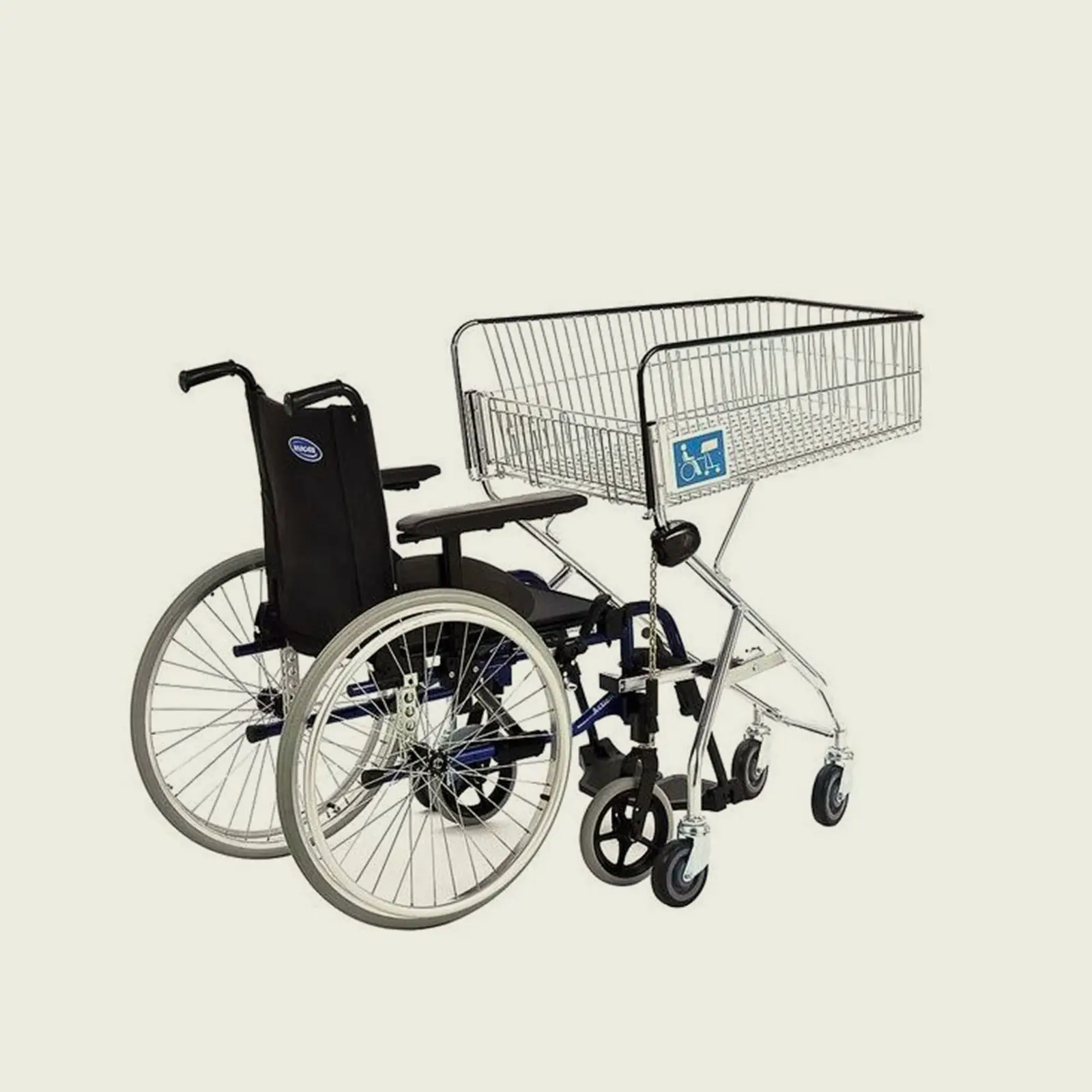 Trolley for persons with reduced mobility used with a wheelchair in a store