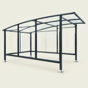 Abri à chariots de supermarché avec structure métallique anthracite, panneaux vitrés et toit transparent