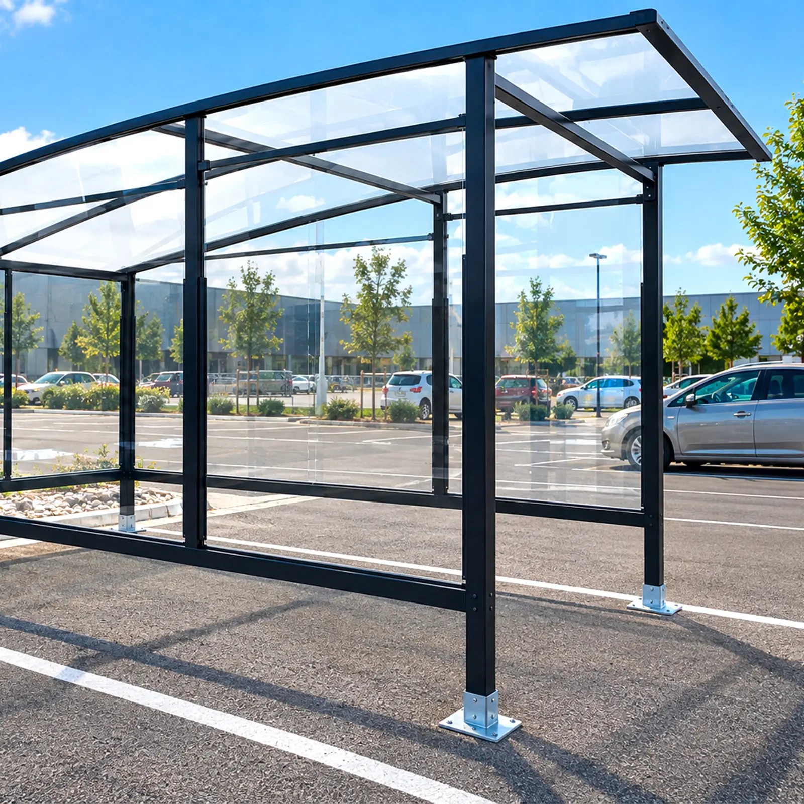 Abri à chariots vitré installé sur le parking d’un supermarché avec structure anthracite et toit transparent