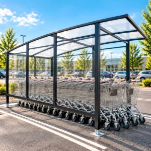 Abri à chariots vitré rempli de chariots métalliques emboîtés sur le parking d’un supermarché
