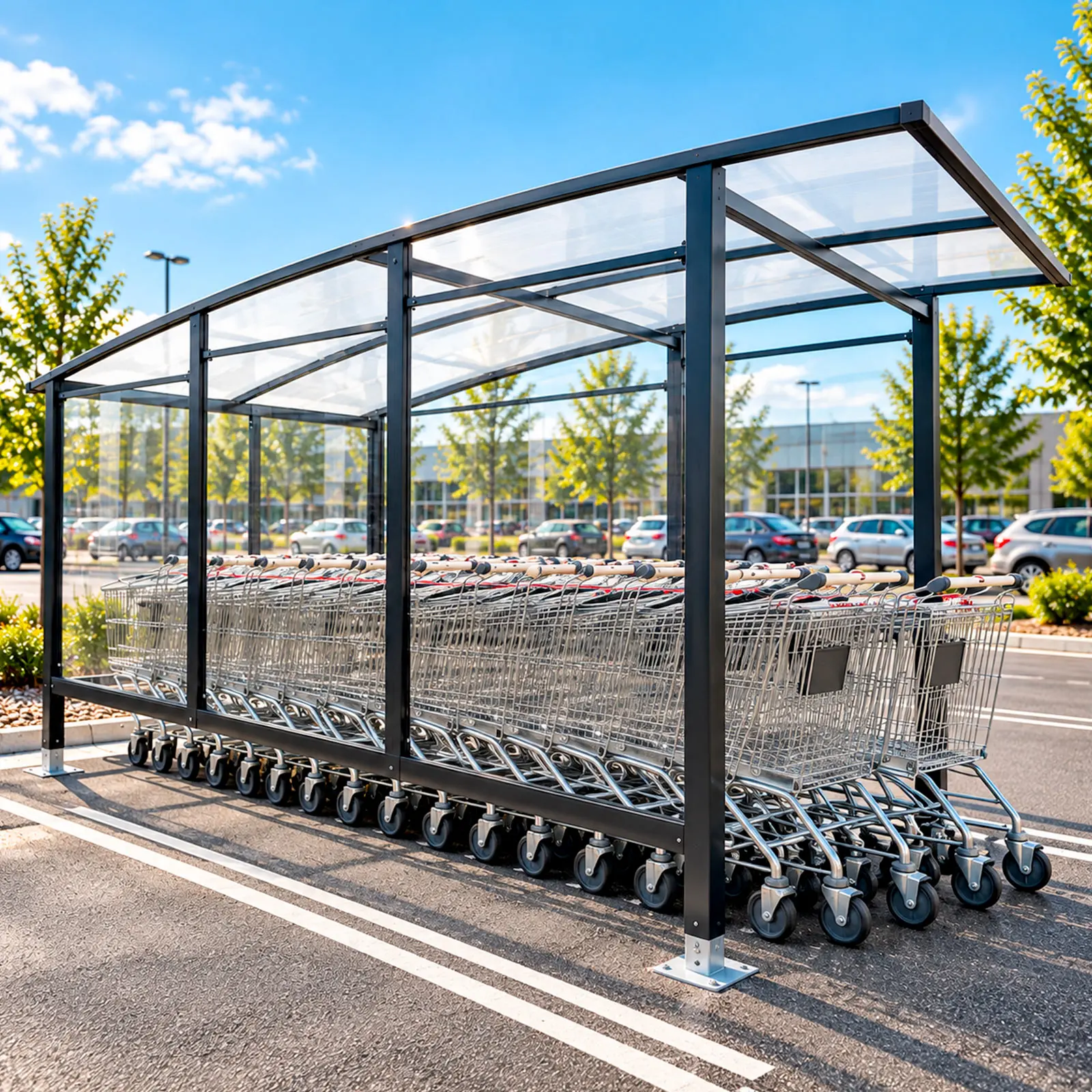 Abri à chariots vitré rempli de chariots métalliques emboîtés sur le parking d’un supermarché