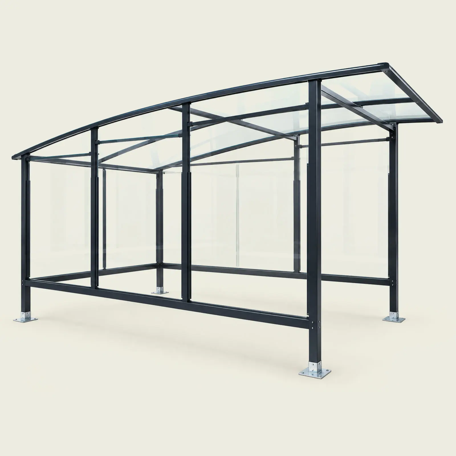 Abri à chariots de supermarché avec structure métallique anthracite, panneaux vitrés et toit transparent