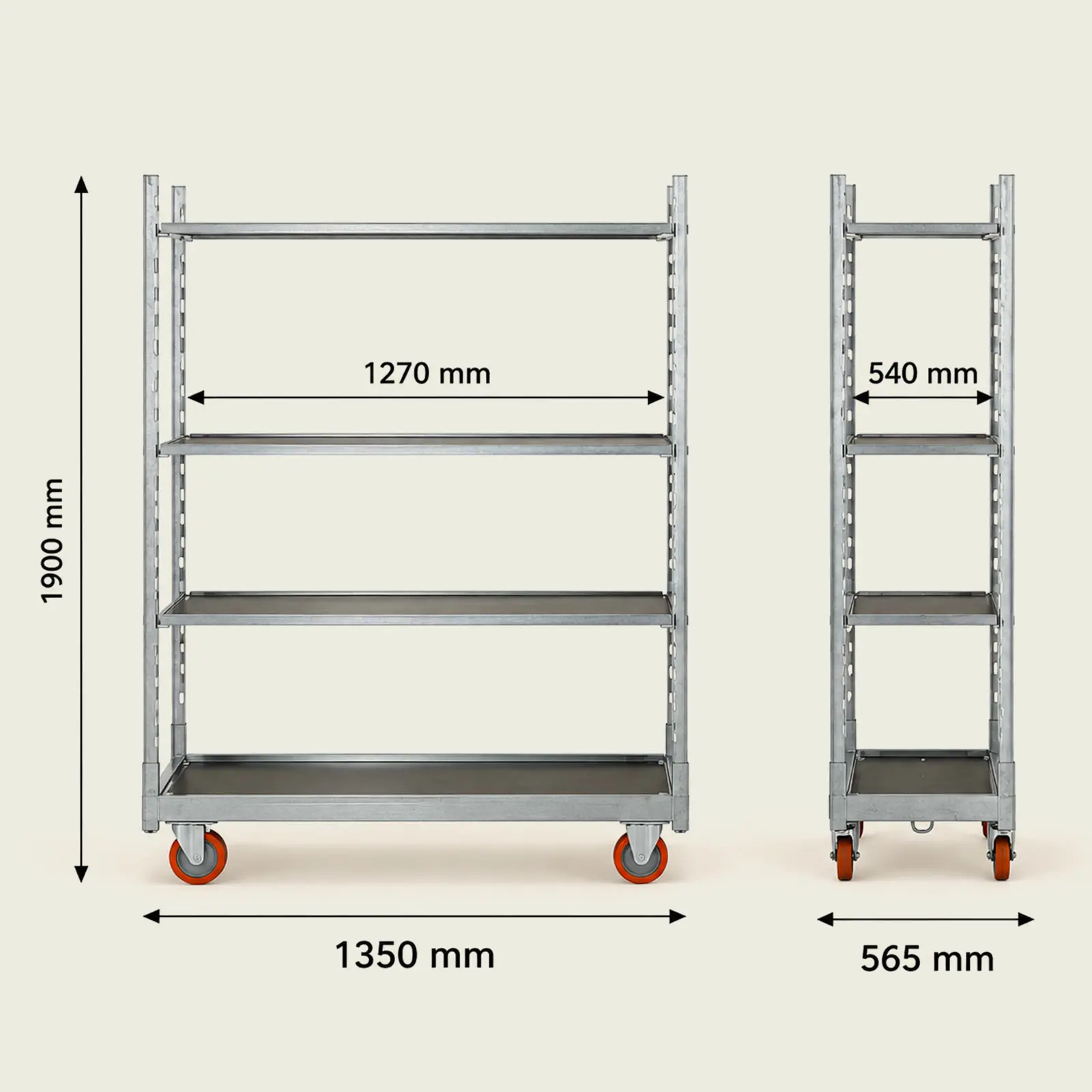 Dimensions du chariot horticole 4 niveaux – 1350 x 565 x 1900 mm