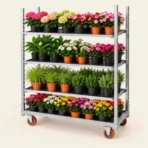 Chariot horticole 4 niveaux chargé de plantes dans une jardinerie