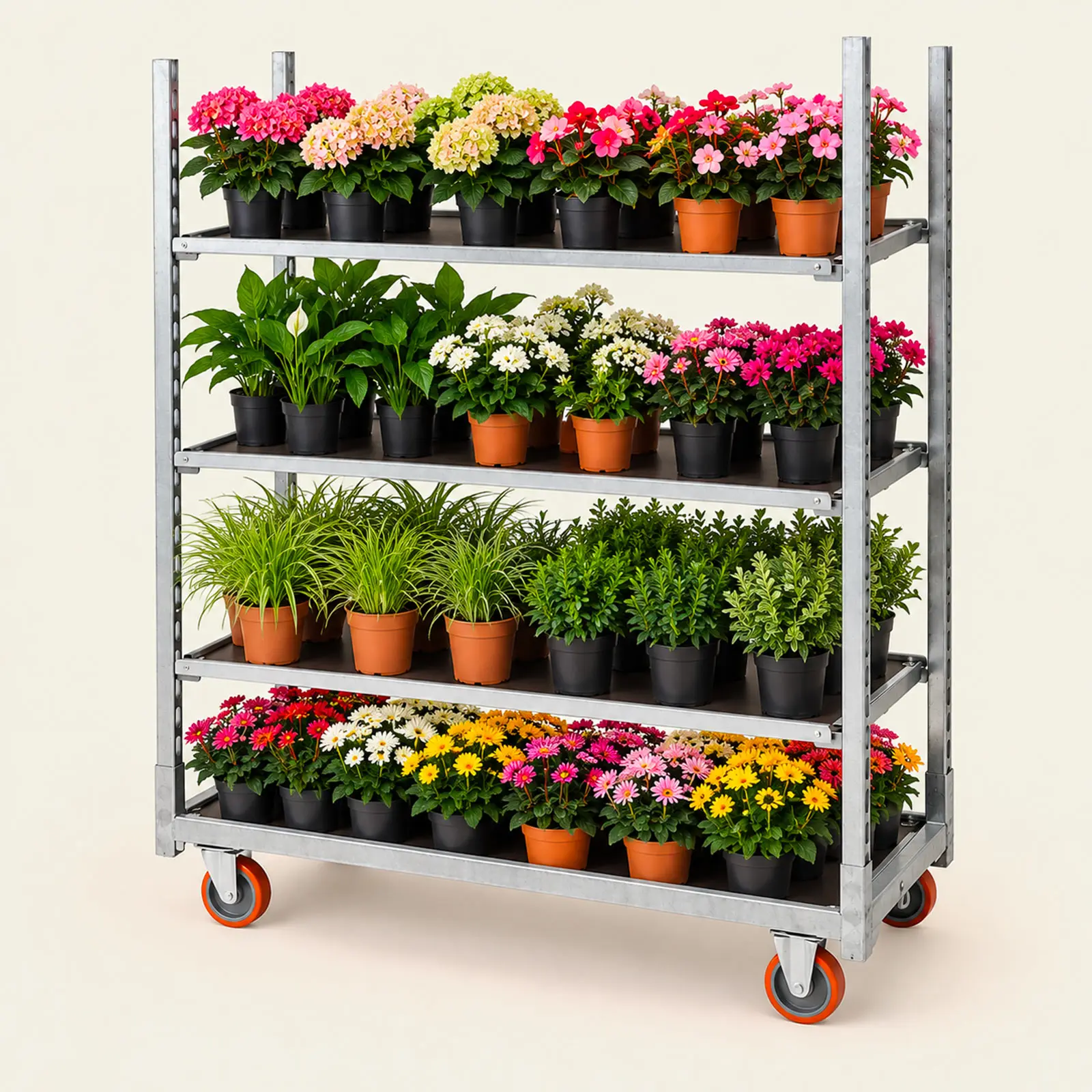 Chariot horticole 4 niveaux chargé de plantes dans une jardinerie