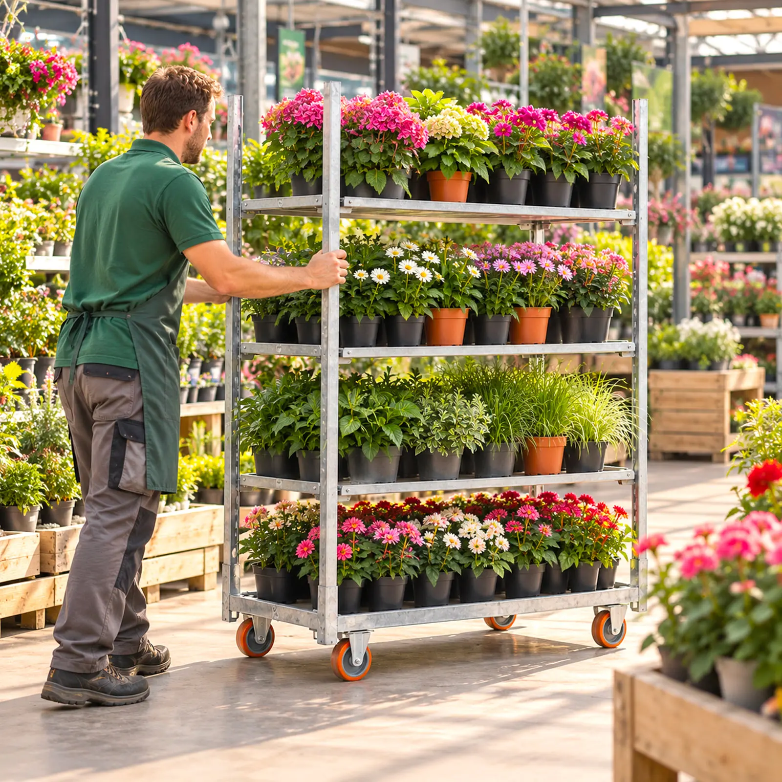 Employé utilisant un chariot horticole pour déplacer des plantes en jardinerie